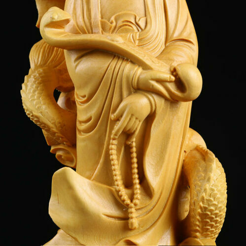 8.8" Art China Buddhism Natural Boxwood Carved Guanyin Bodhisattva Statue - Picture 8 of 10