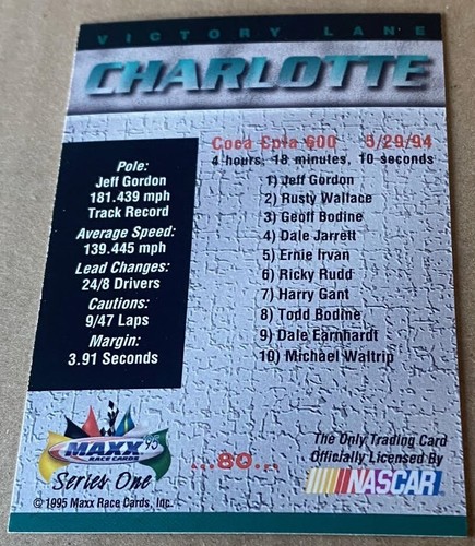 Scheda JEFF GORDON HOF 1995 MAXX #80 condizioni NM-MT - Foto 2 di 2