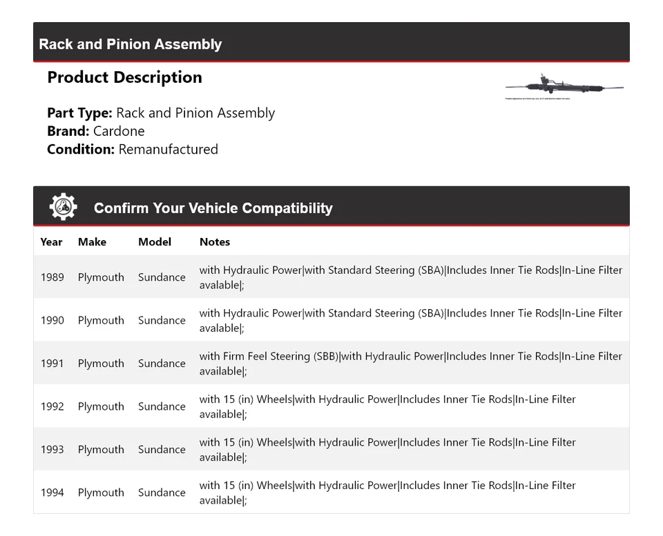 Para Plymouth Sundance 1989-1994 montaje de estante y piñón cardone 1990 1991 1992 Foto 2 de 4