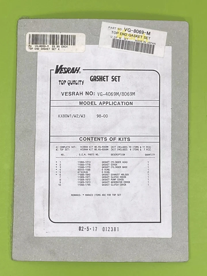 Juego de juntas de extremo superior Kawasaki KX80 1998-2000 Vesrah Kx 80 98 99 00 Foto 2 de 2