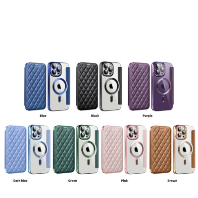 Wireless Charge Grid Leather Card Phone Case For iPhone 16 15 13 14 12 Pro Max