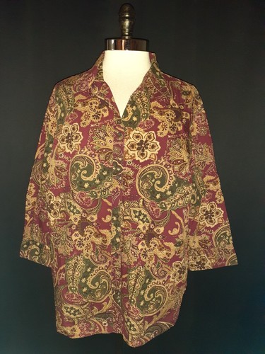 CHAPS Übergröße 2X Bluse Shirt Oberteil weinrot beige grün Paisley 3/4 Arm