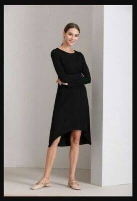 Eileen Fisher Scoop Neck Jersey Hi Low long sleeve Midi dress SM | eBay