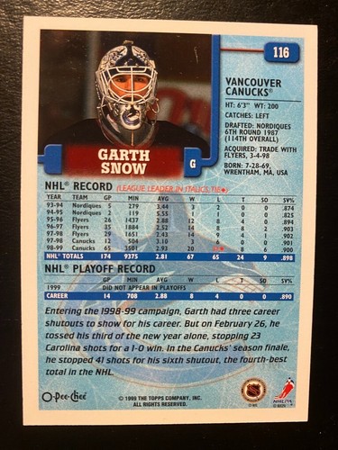 Garth SNOW 1999-00 O-Pee-Chee #116 Vancouver Canucks - Picture 2 of 2