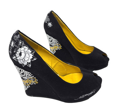 Ed Hardy Joyous Size 10 Black 5'' Wedge Heels Floral Tiger Peep Toe Shoes Womens