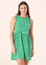 J. Crew Dress XS Green White Striped Pleated Ponte Zip Back Sleeveless Fit Flare