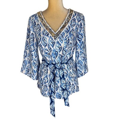 Lilly Pulitzer Resort White Kailen Top Drop In Blue Shells Embellished Tie Waist