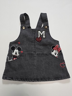 Y2K Disney Junior Minnie and Mickey Mouse Overall Dress 12 Months Black Denim