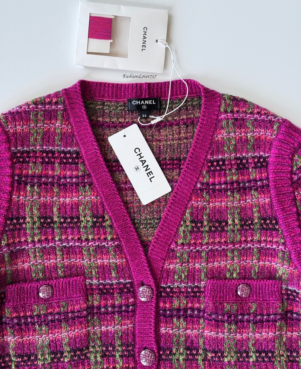 NWT 18B CHANEL FUCHSIA GREEN CC BUTTONS CASHMERE MOHAIR CARDIGAN