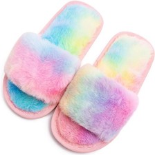 techcity Kids' Fuzzy Faux Fur House Slippers Rainbow Size 8.5-9.5