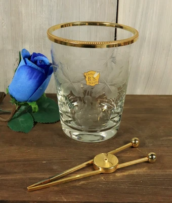 Seau à Glace Glaçons Vintage en Cristal Gravé Taillé Main Métal Doré avec Pince - Photo 1/4