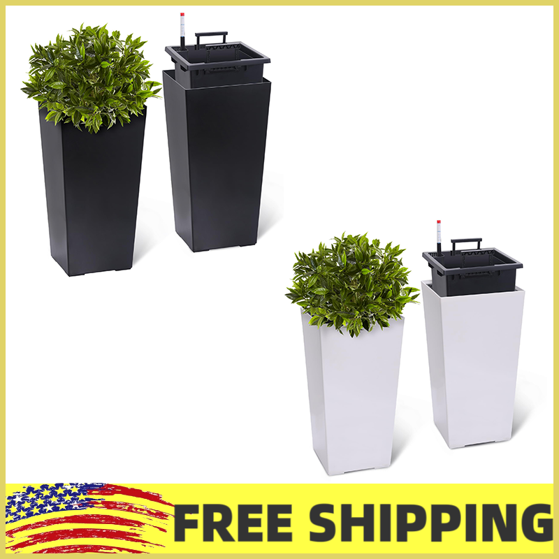 Tall Planters Set of 2, Self-Watering Outdoor Indoor Plant Pot with Water Level Monitor, Drainage Holes & Inner Bucket - White - 22.4in