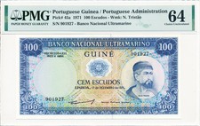 Banco Nacional Ultramarino Portuguese Guinea 100 Escudos 1971  PMG  64