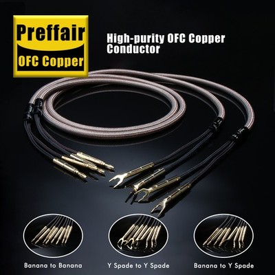 Pair OFC HiFi Speaker Cable Audiophile Audio Cable Gold Plated Banana to Y Plug