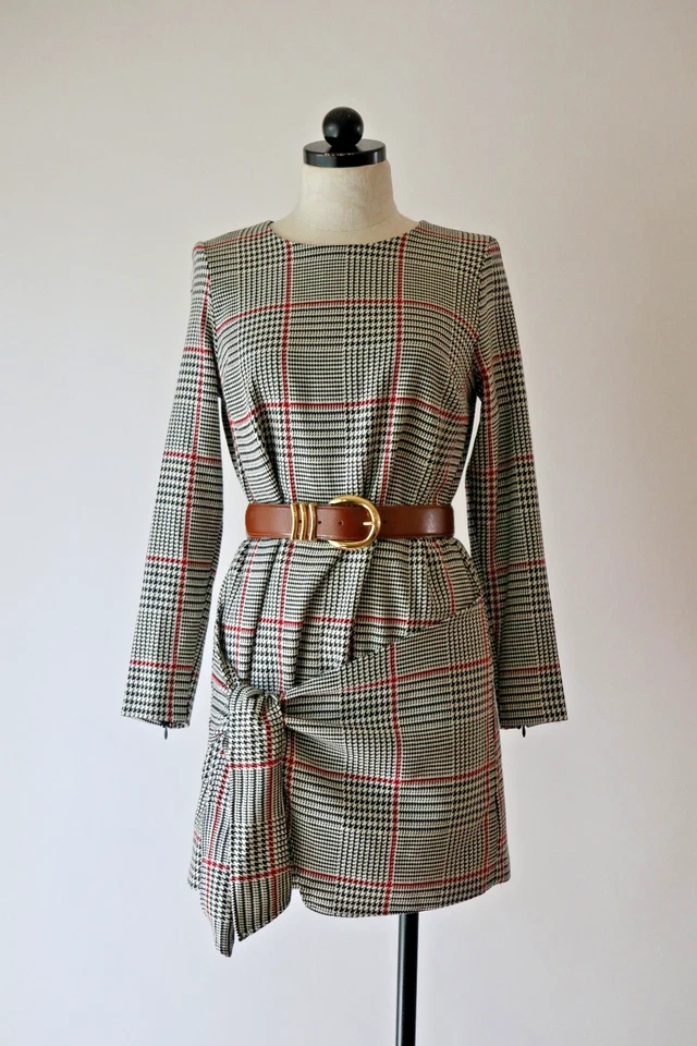 Vestido recto Zara negro blanco pata de gallo a cuadros envolvente anudado manga larga para mujer M Foto 4 de 4