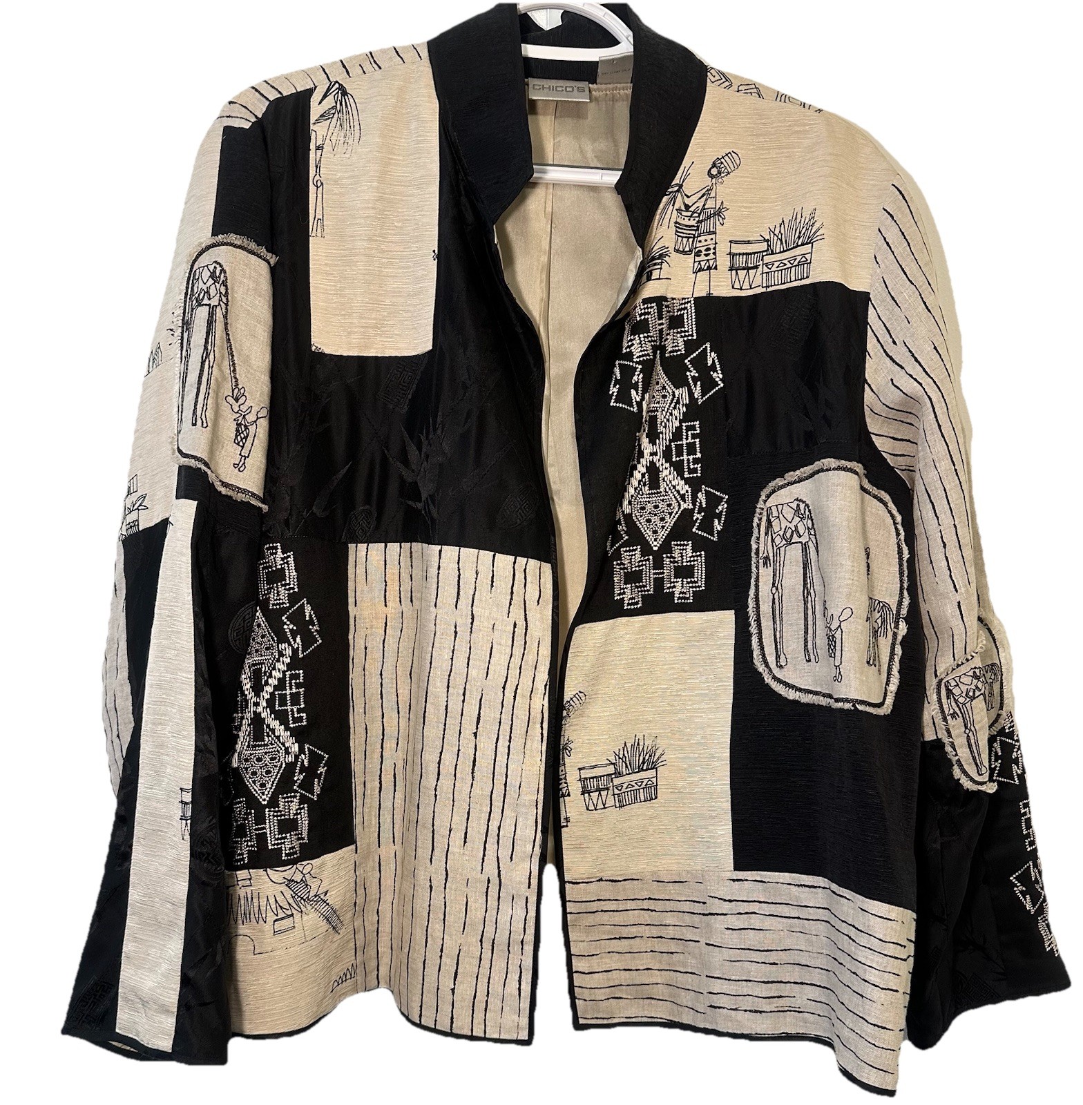 Chicos Linen Silk Patchwork Art Jacket Black Beig… - image 1
