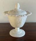 Vintage Indiana Glass Open Lace Milk Glass Harvest Grape Footed Compote & Lid