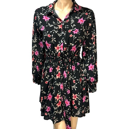 Free People Lighten up Floral Long Sleeve Black Pink Mini Dress Size M Medium