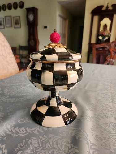 MacKenzie Childs Courtly Check Squashed Pot on pedestal