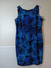 Talbots Dress Womens 16 Blue Floral Sheath Sleeveless Lined Knee Length Party