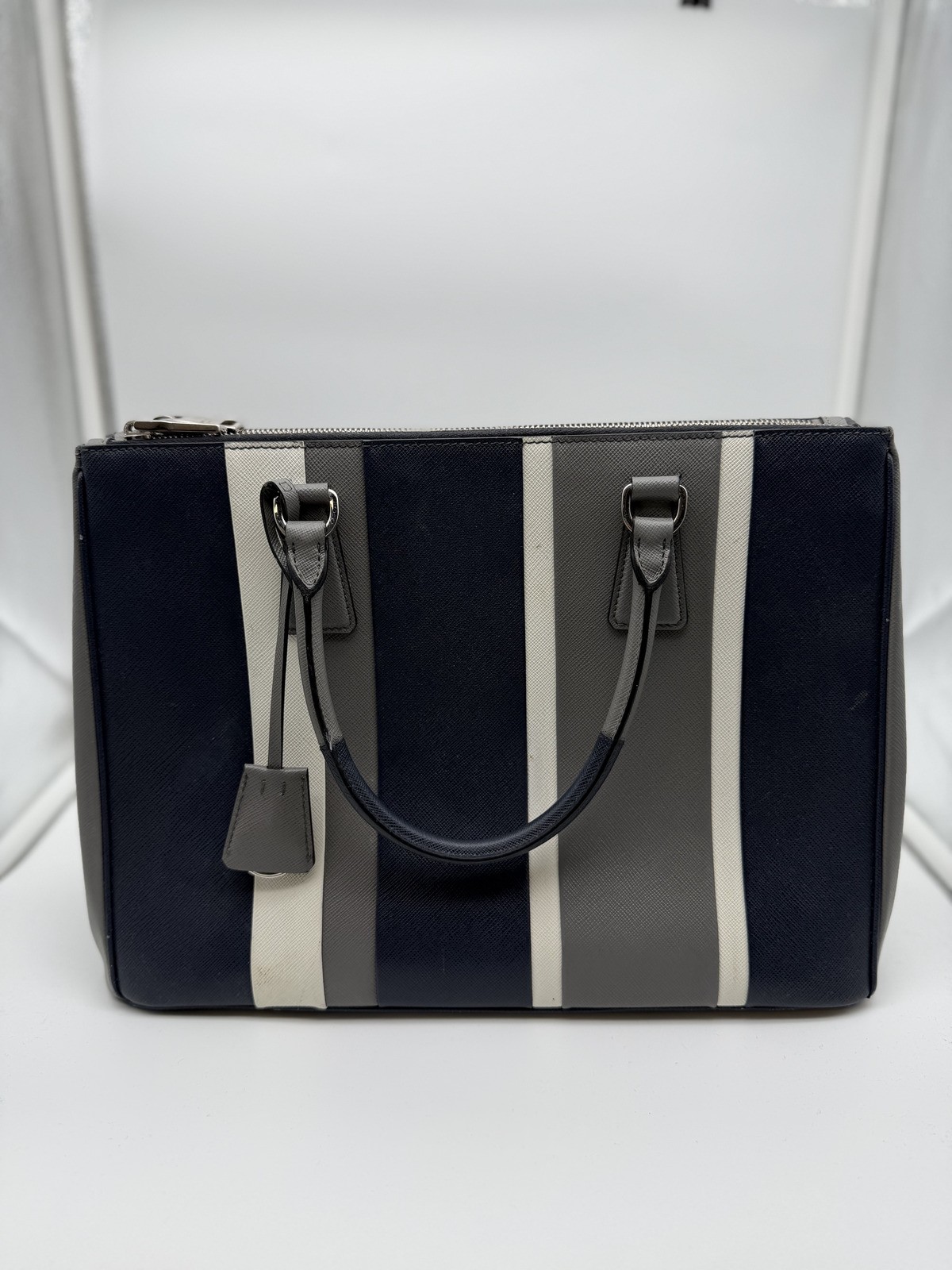 Prada Saffiano Leather Striped Galleria Double Zip Tote