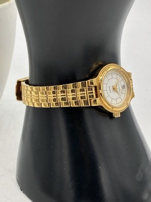 Vintage Halston Ladies Quartz Watch Gold Tone Bracelet Rhinestone Accent