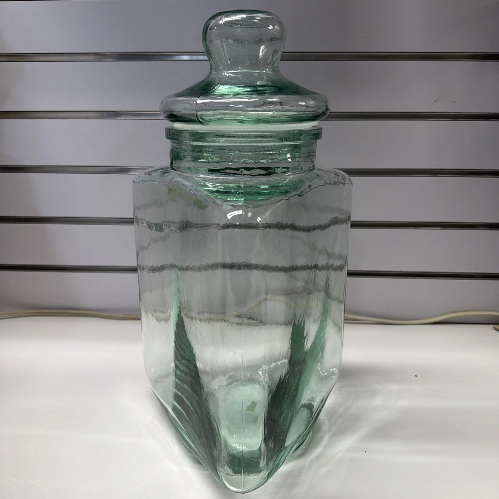 Vintage RARE Large Green Glass Apothecary Triangle Canister Jar, Italy 15”x8”x8”