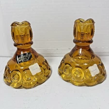 VTG L E Smith Heritage Amber Moon Star Candle Holders Pair w/ Labels