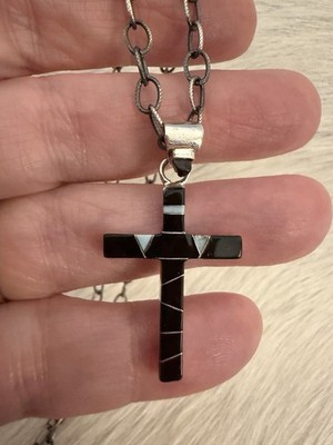 Signed  K  Zuni Inlaid Cross Pendant of Black Onyx & Opal Sterling Silver 1.46 L
