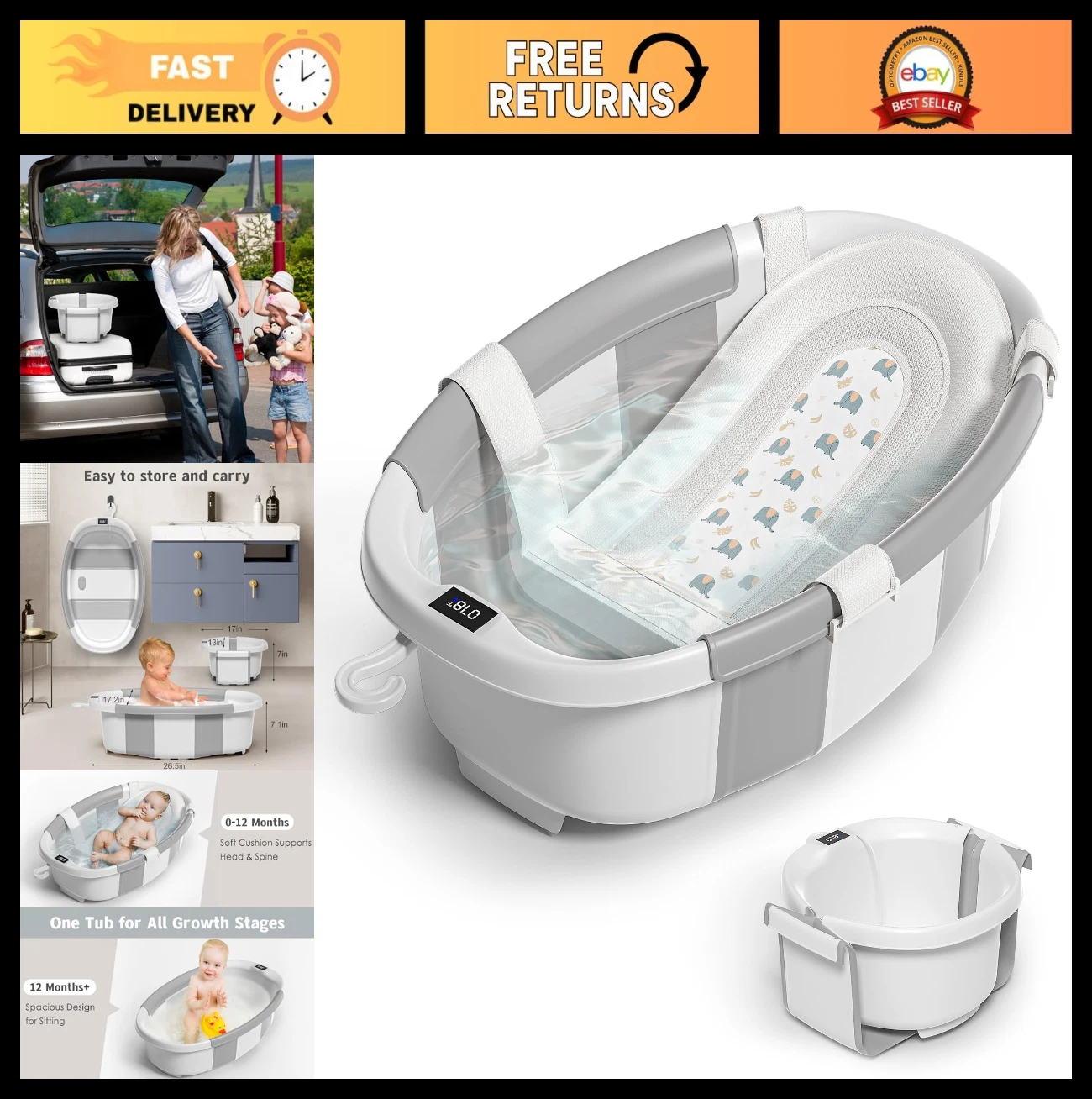 Collapsible Baby Bathtub for Newborns to Toddlers, Foldable Infant Bath Tub with