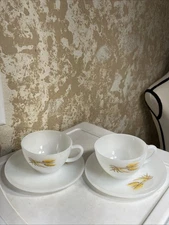 Fire King Ovenware 2 Teacups and Saucers USA Vintage Milk Glass Wheat Pattern