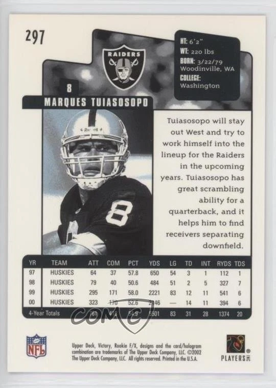 2001 Upper Deck Rookie F/X Victory Rookies /750 Marques Tuiasosopo #297 RC - Image 2 of 2