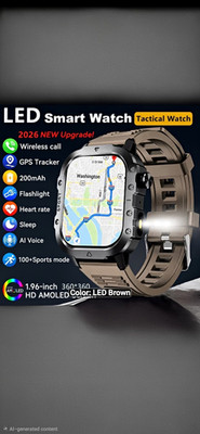 LAXASFIT LED Smart Watch 1.96in Black Case Brown Silicone Band GPS Touch