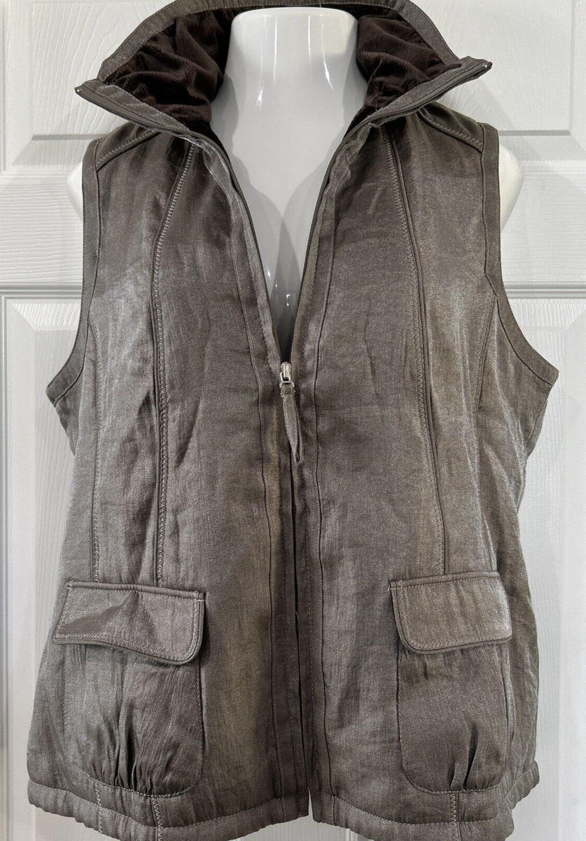 Chico's 2 Metallic Zip Front Vest Soft Brown Lined Collar Shimmer