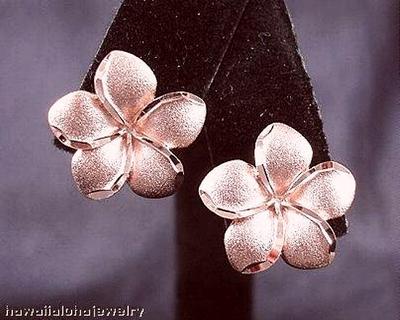 16mm Hawaiian 14k Rose Gold Diamond-Cut DC Matted Plumeria Post Stud Earrings #1