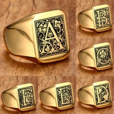 Gold Signet Ring Signature Ring Laser Engraved Floral Initialen Letter Band A-Z