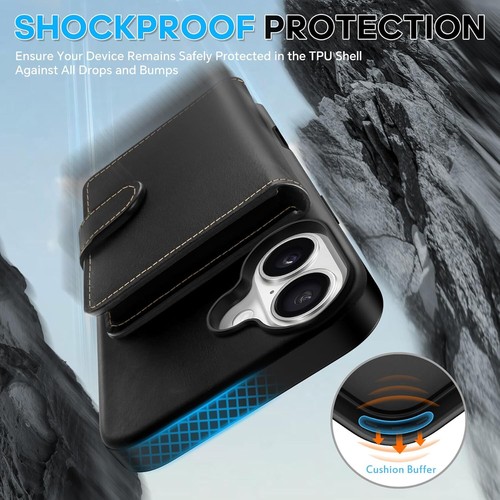 SHIELDON Wallet Case for iPhone 16 6.1", Genuine Leather Magnetic - Picture 6 of 9