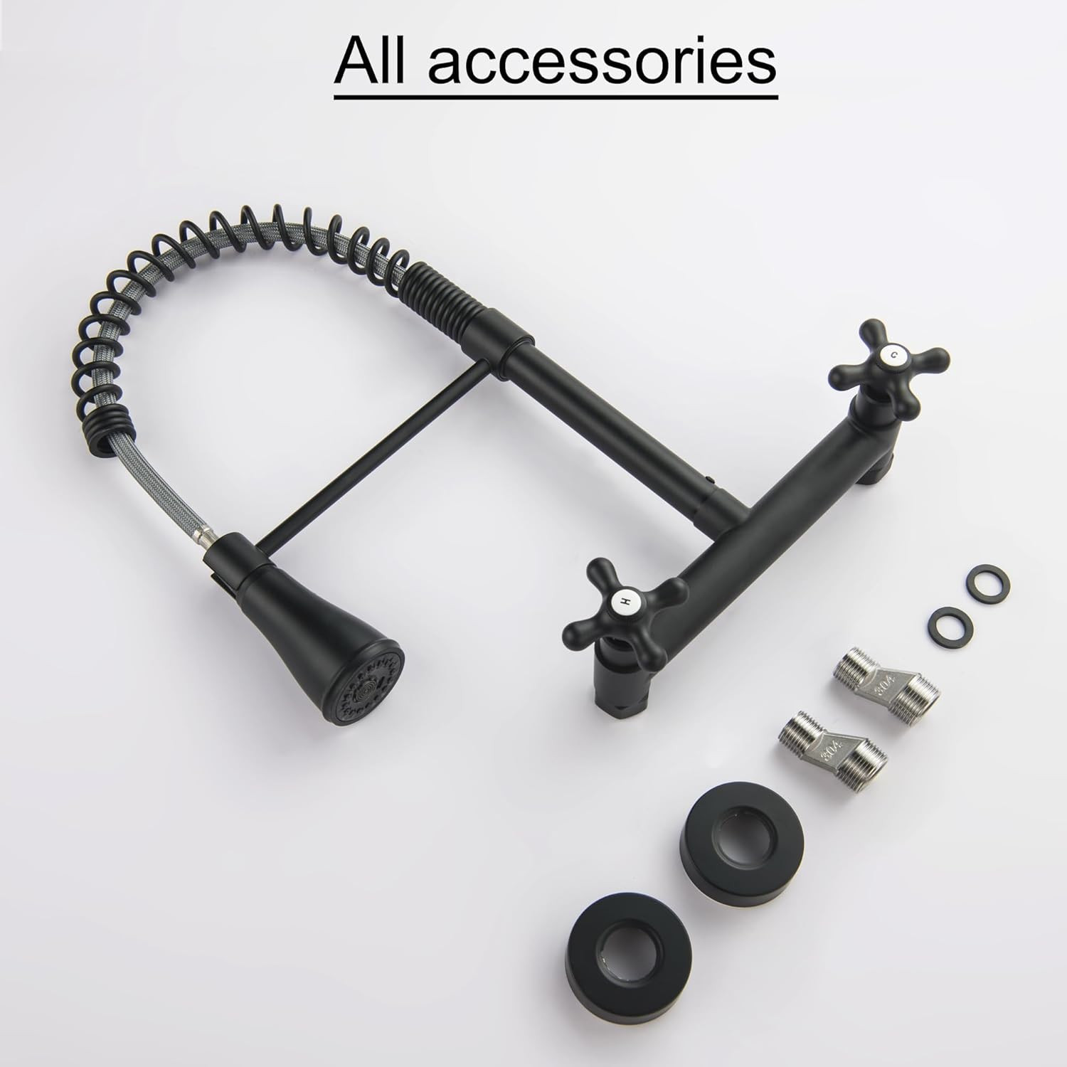 Matte Black Wall Mount Kitchen Faucet with 3-Function Sprayer, 8" Center