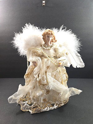 Christmas Angel Tree Topper White Gold Lace Dress White Feather Wings 12'' (#1)