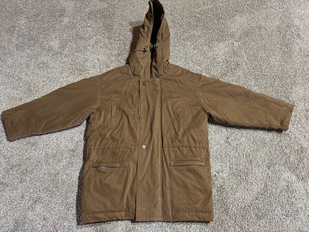 VTG Eddie Bauer Mens XL Brown Goose Down Hooded Barn Quilt Lined