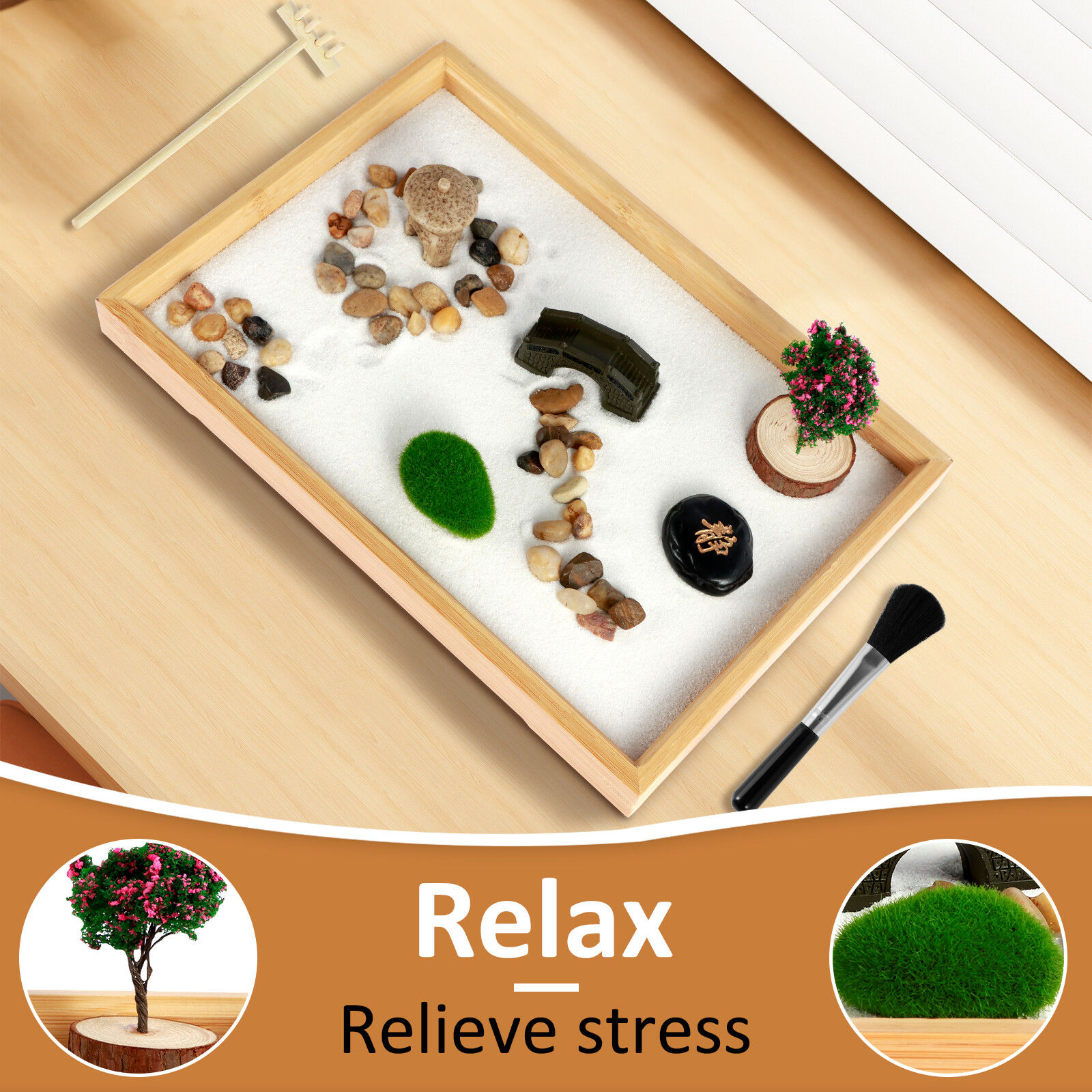 ZenSpace Brass Desk Zen Garden Kit - Safe Sand™, Meditation Set With Sphere, Rake & Incense Holder