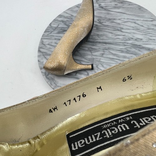 Stuart Weitzman Gold Sparkly Pumps Womens 6.5 Pointed Toe Slip On Kitten Heels - Picture 9 of 12
