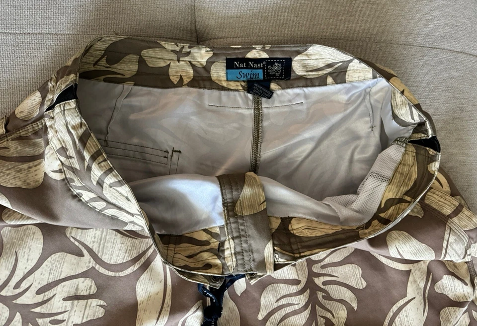 Nat Nast Swim Men’s Size W38 Aloha Patterned Board Shorts Swim Trunks Suit Beige - Image 4 of 4