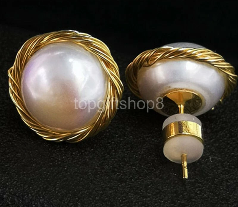 Pendientes perlas cultivadas de agua dulce blancas de 16 mm oro relleno de 14k Foto 2 de 2