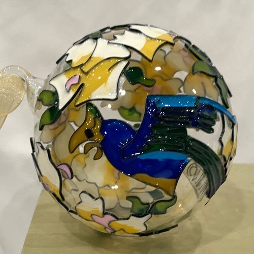 Vintage The Met Louis Comfort Tiffany Cloisonné Ornament 3” Hibiscus and Parrot - Picture 2 of 5