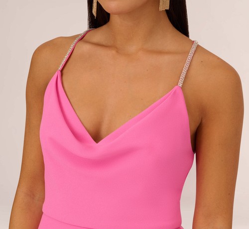AIDAN Adrianna Papell Hot Pink Diamante Straps Column Evening Dress Gown UK14 - Picture 4 of 20