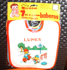 NEW SET OF 7 LITTLE MISS LANA 7 DIAS DE AL SEMANA TERRY Y PLASTICO BABEROS