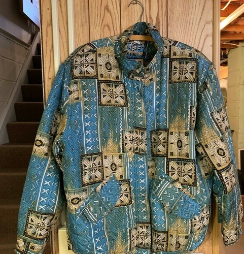 Vtg FUDA INTERNATIONAL Silk Bomber Jacket Womens Sz M BLUES GREEN BROWNS EUC