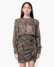 ISABEL MARANT ETOILE Dress Womens Size 36 Gray Floral Ruched Ruffle JIRVINA