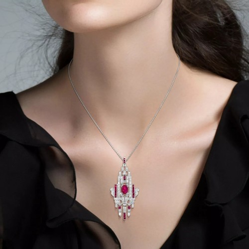 Art Deco Style Lab Created Ruby & Diamond Wedding Pendant 14k Yellow Gold Finish - Picture 3 of 8